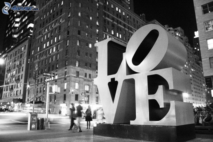 love, New York, night, black and white photo