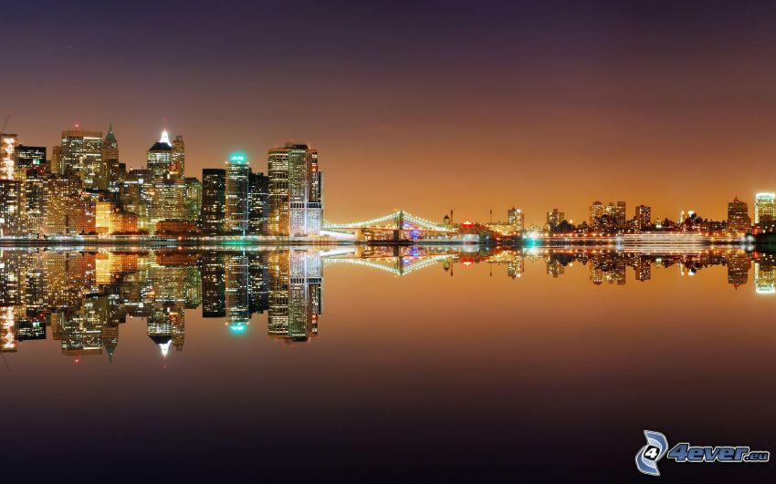 New York, night city, skyscrapers, sea, reflection