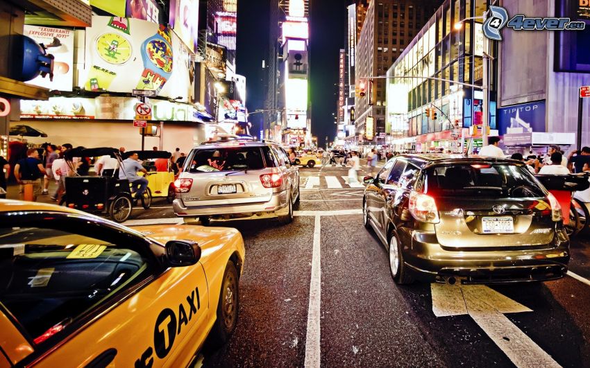 New York, night city, street, cars
