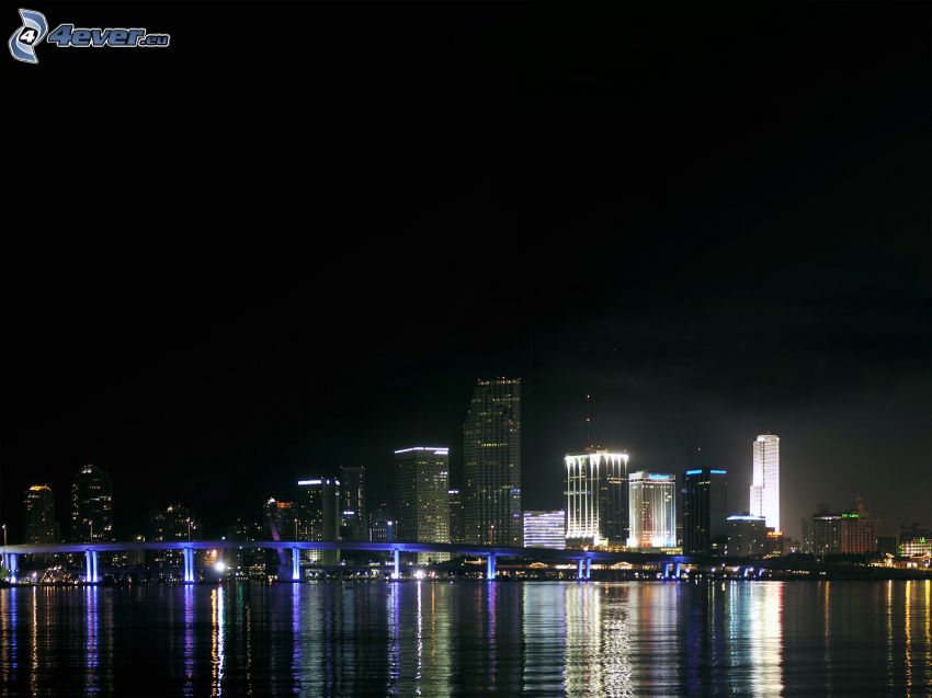 night city, lighted bridge, blue lighting