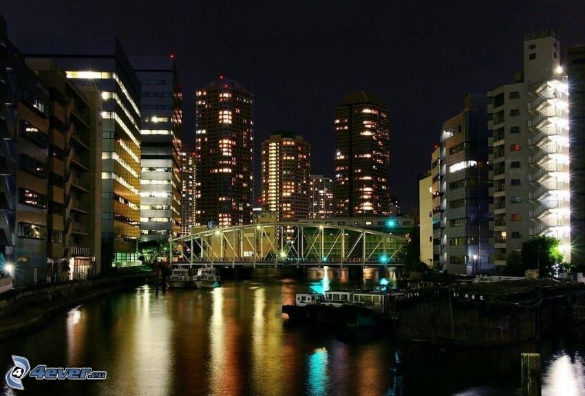 night city, River, iron bridge, buildings