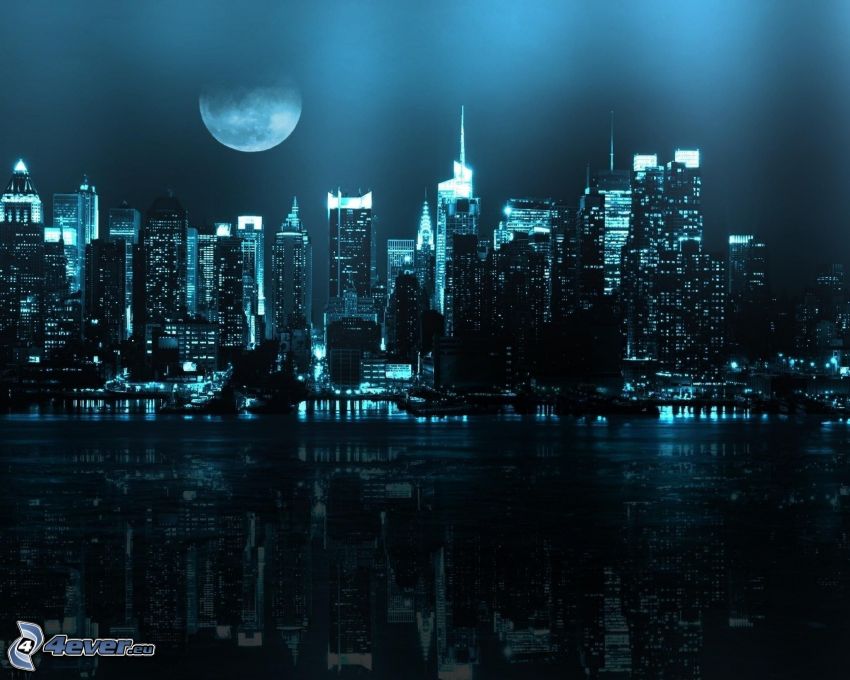 night in New York, night city, Moon