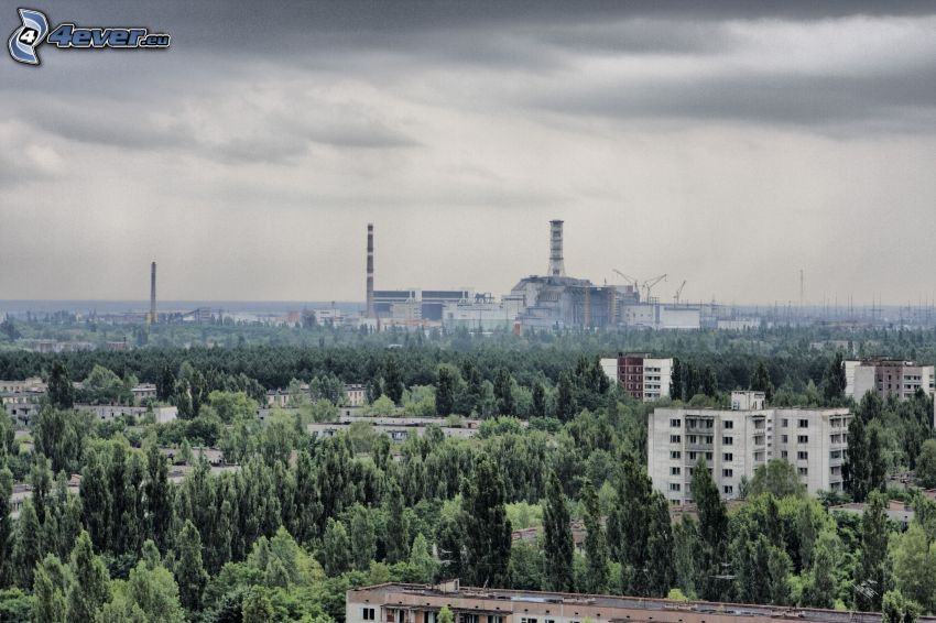 nuclear power plant, Prypiat, Chernobyl, forest, clouds