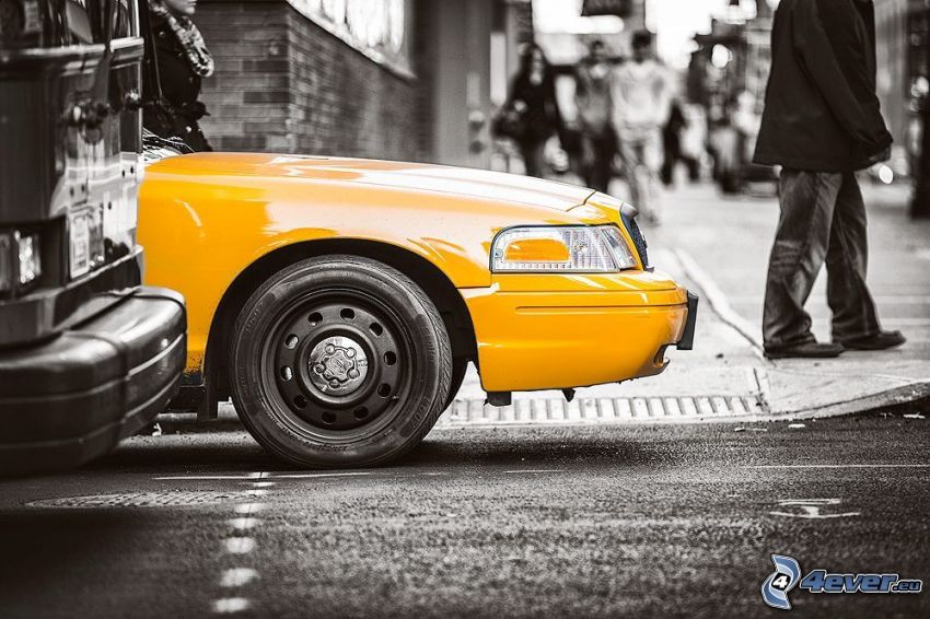 NYC Taxi, yellow car, black and white