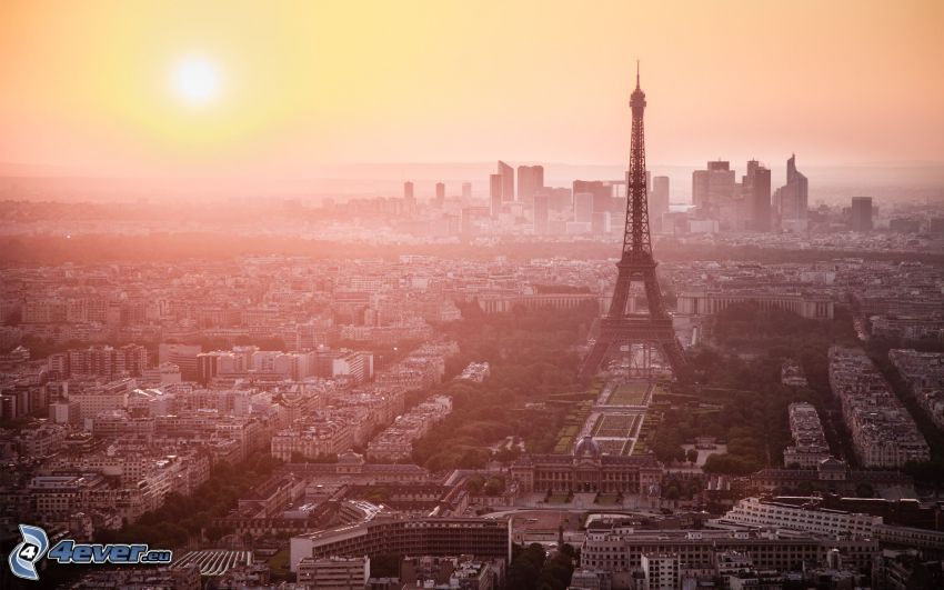 Paris, Eiffel Tower, sunset over a city