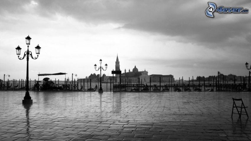 pavement, harbor, black and white photo