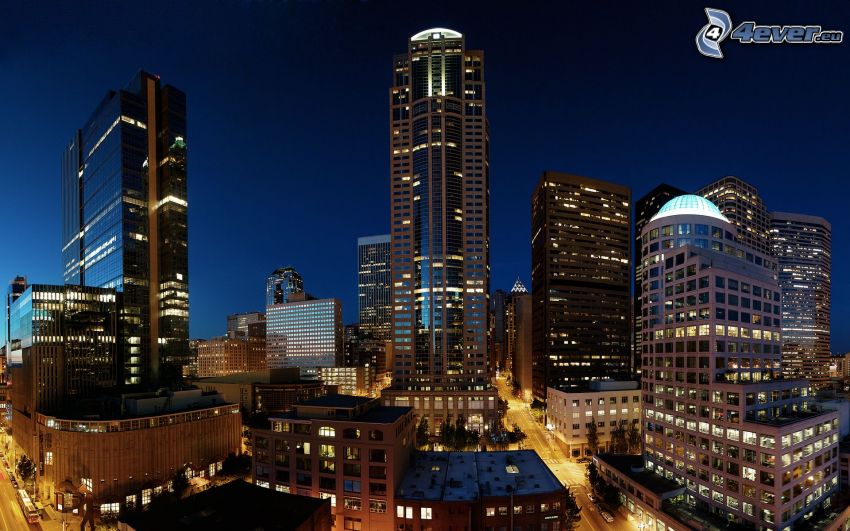 Seattle, night city, skyscrapers