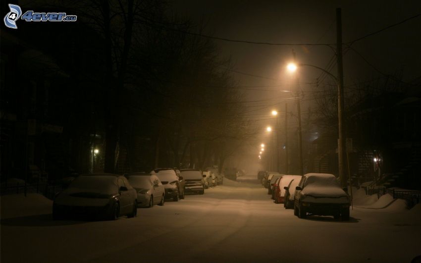 snowy street, street lights, cars