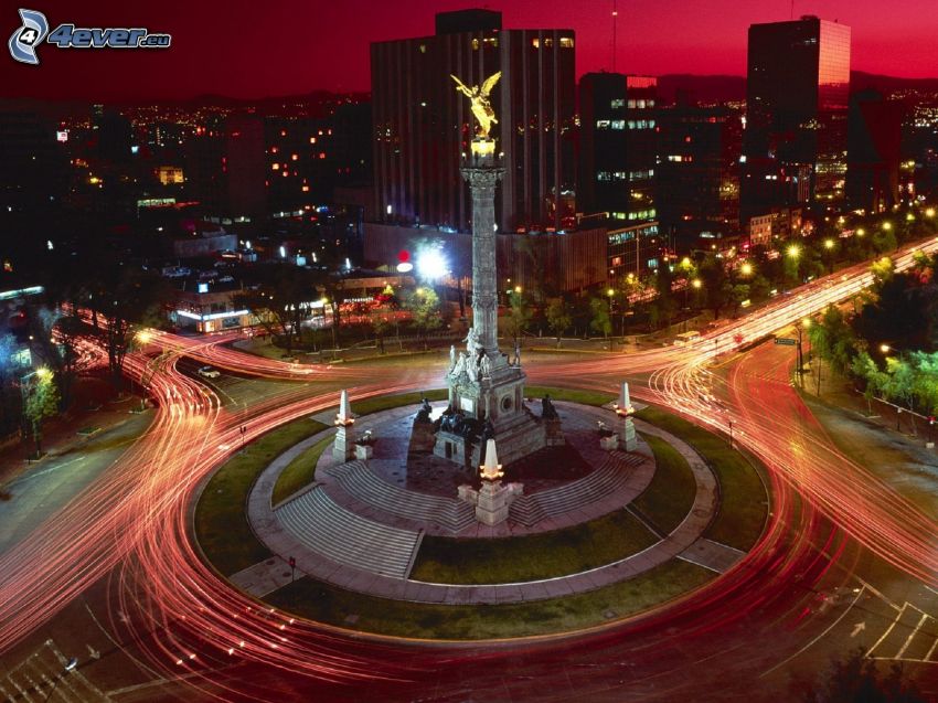 statue, night city, roundabout at night