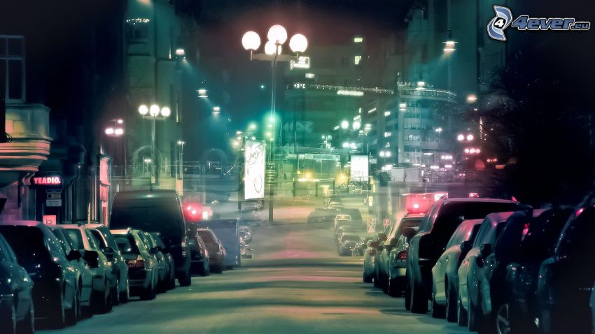 street, lights, night city, cars