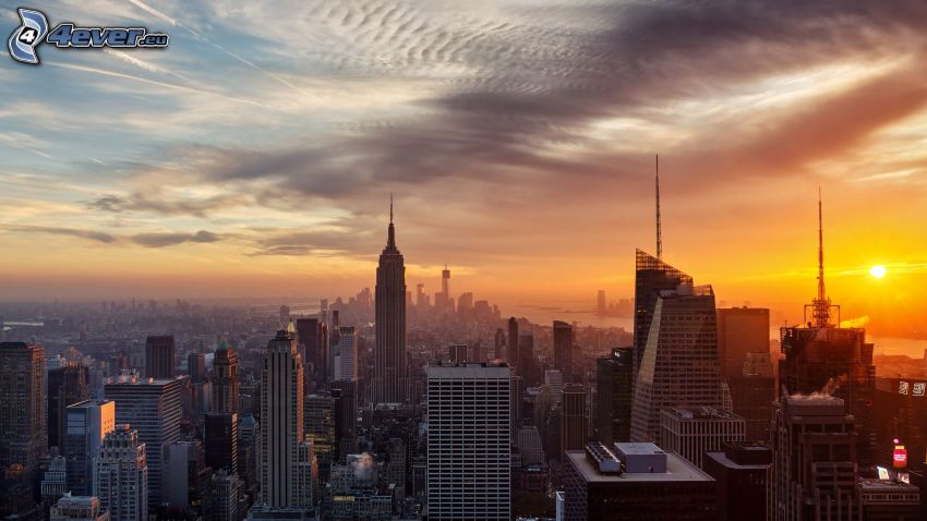 sunset over a city, Manhattan, evening city, Empire State Building