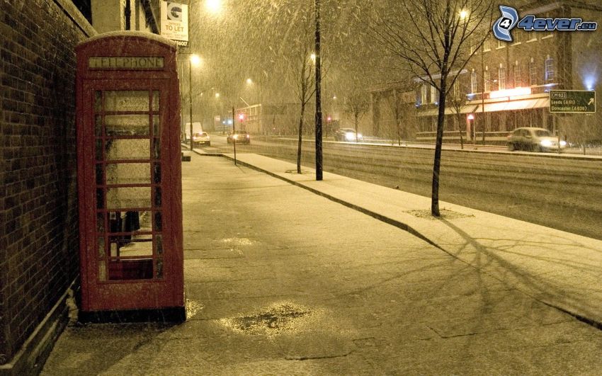 telephone booth, street, snow