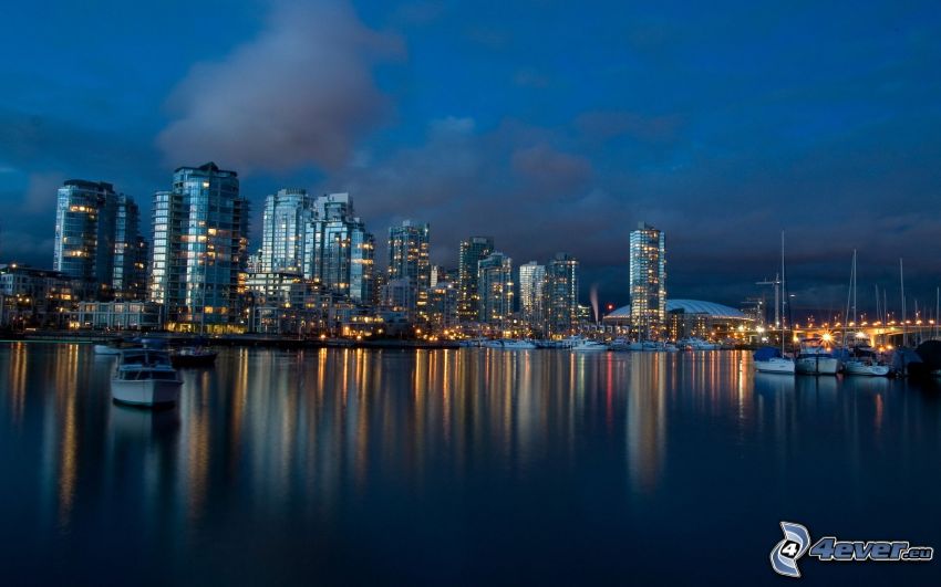 Vancouver, night city, skyscrapers