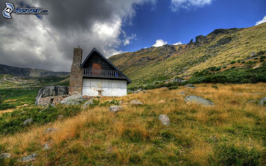 cottage, meadow, clouds, HDR