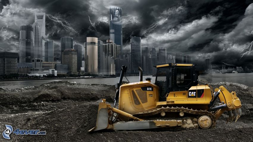 excavator, skyscrapers, storm