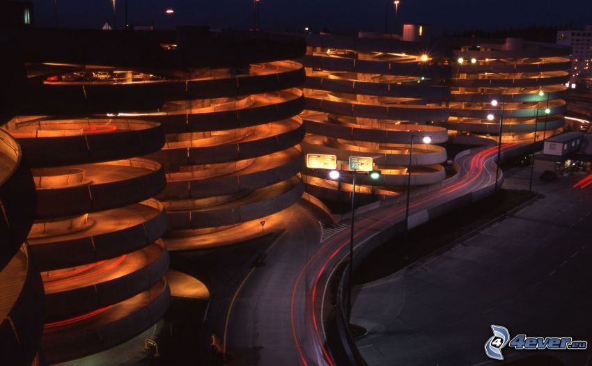 garage, spiral, night, lighting