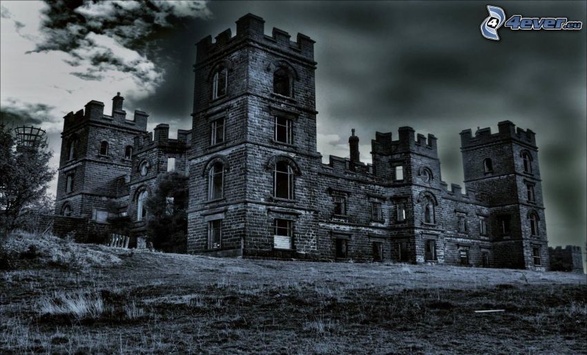 castle, black and white photo