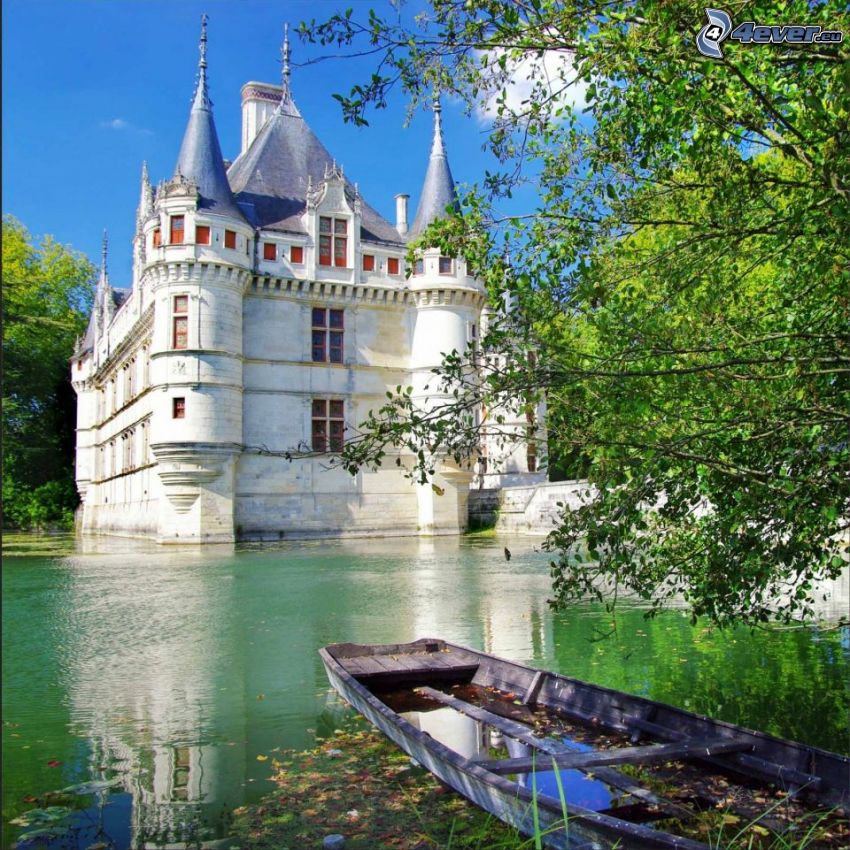 castle, Castle at the water, France, abandoned boat, deciduous tree