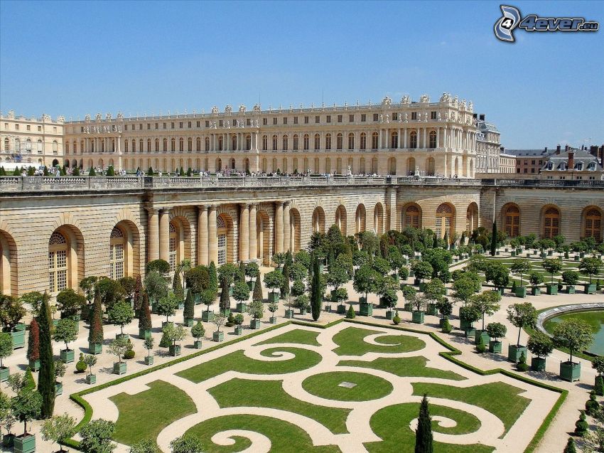 Castle Versailles, garden, trees, sidewalk