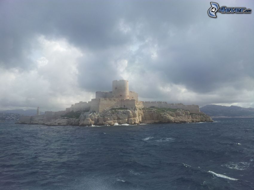 Château d'If, island, dark clouds