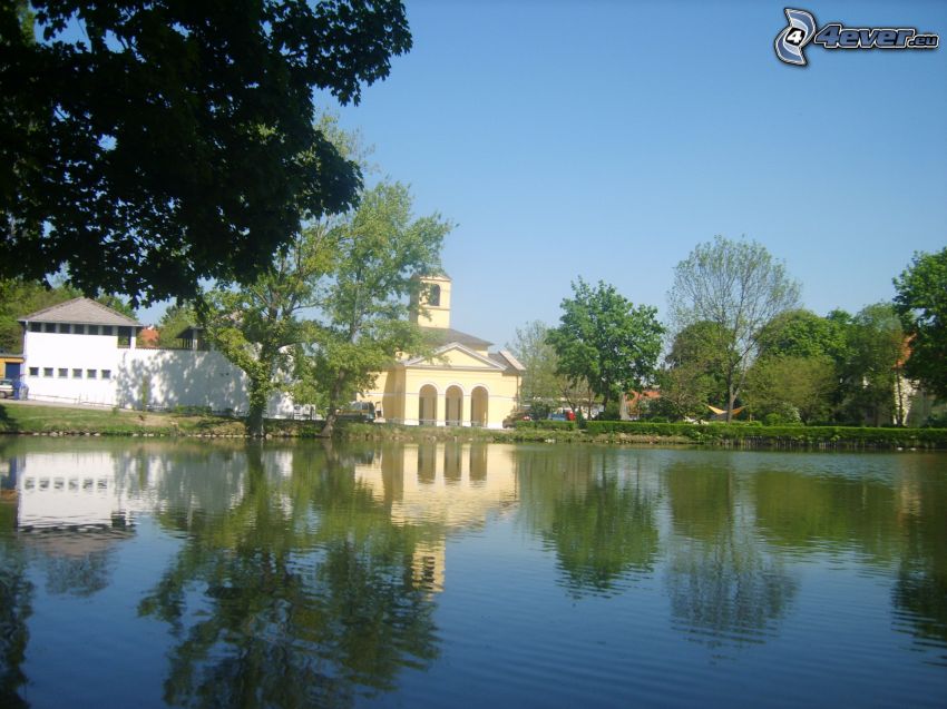 Church of the lake, water, trees