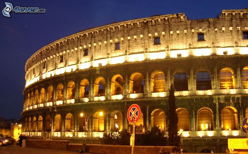 Colosseum, night, road sign