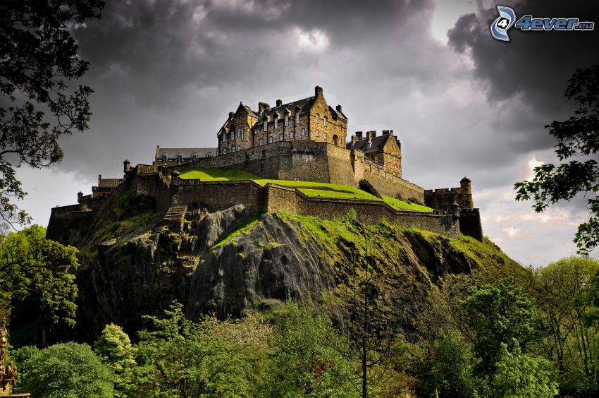 Edinburgh Castle, dark clouds, rock