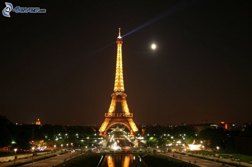 Eiffel Tower at night, moon