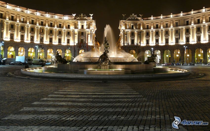 fountain, historical square, historic building, night, lighting, zebra crossing, pavement