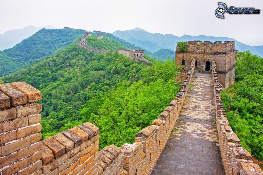 Great Wall of China, green forest, mountains