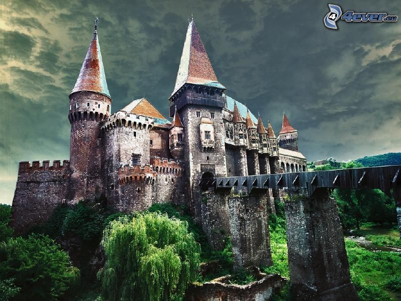 Hunyad, castle, dark clouds, HDR