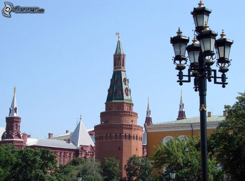 Kremlin, Moscow, street lamp, trees