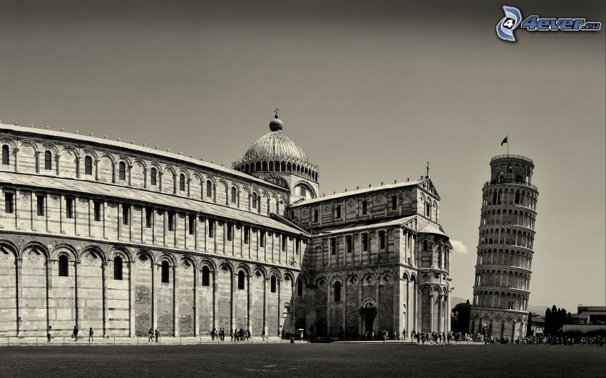 Leaning Tower of Pisa, Italy, black and white