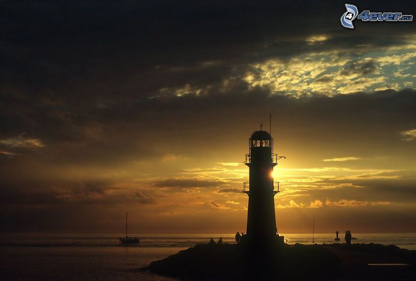 lighthouse at sunset, sea, clouds