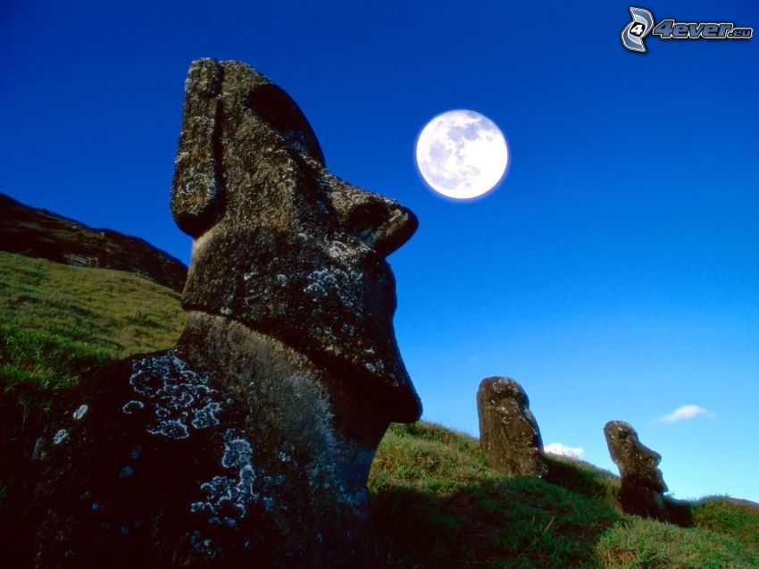 Moai statues, easter islands, Moon