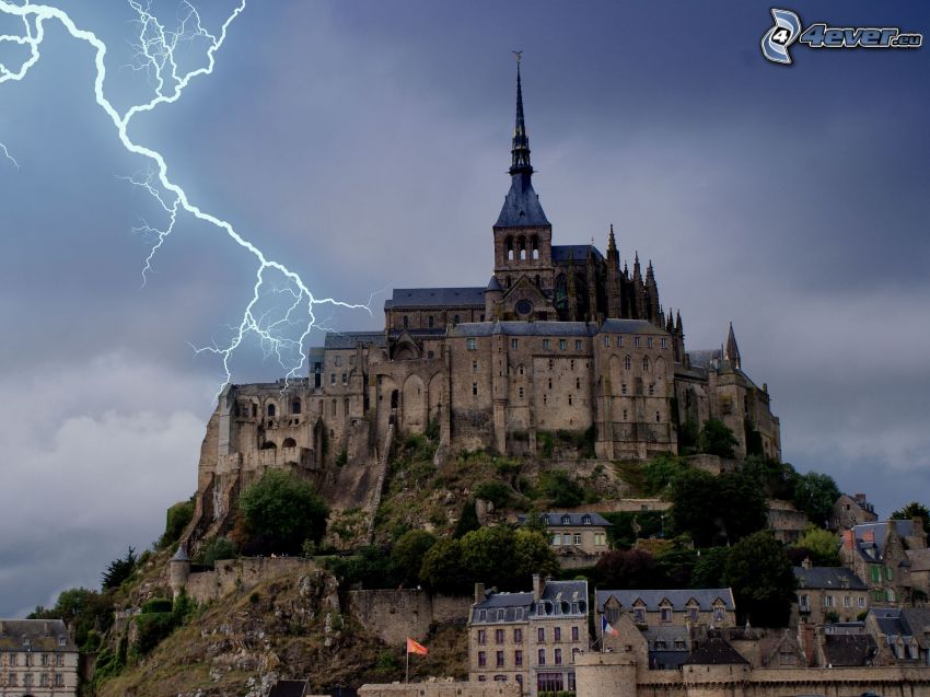 Mont Saint-Michel, France, hill, lightning