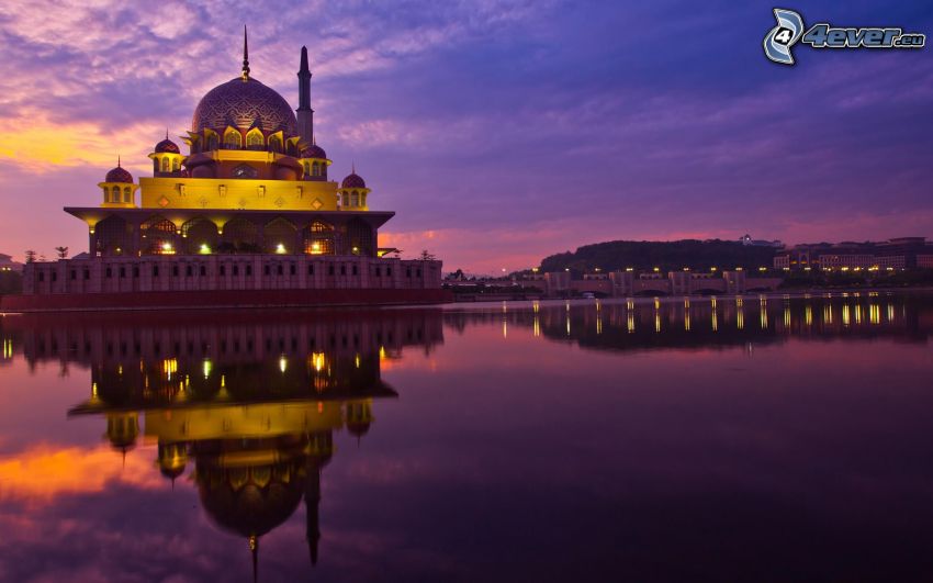 mosque, evening, water, reflection, lighting