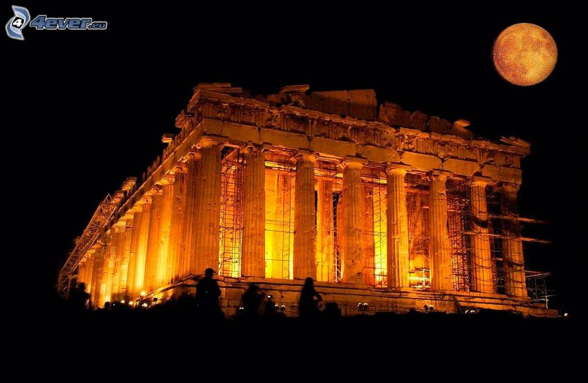 Parthenon, Athens, night, Moon