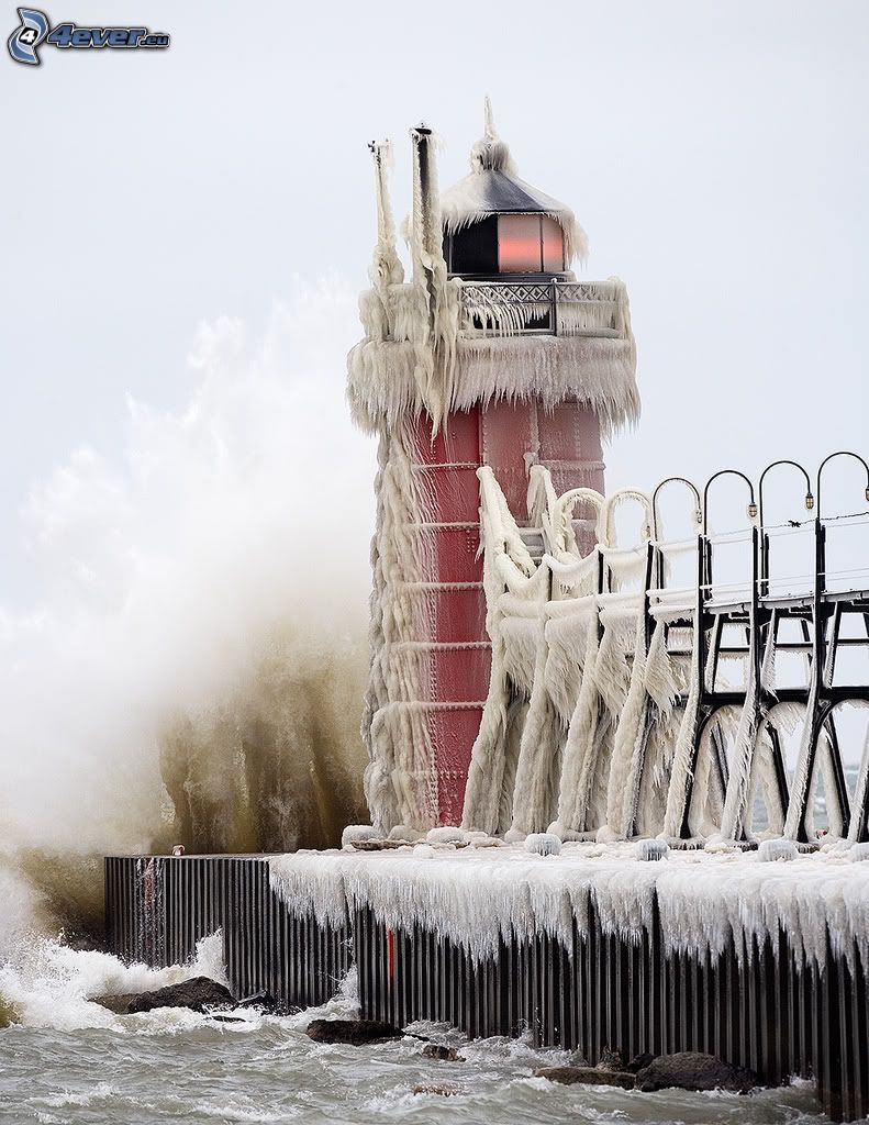 pier with a lighthouse, icing, South Heaven, Michigan, USA
