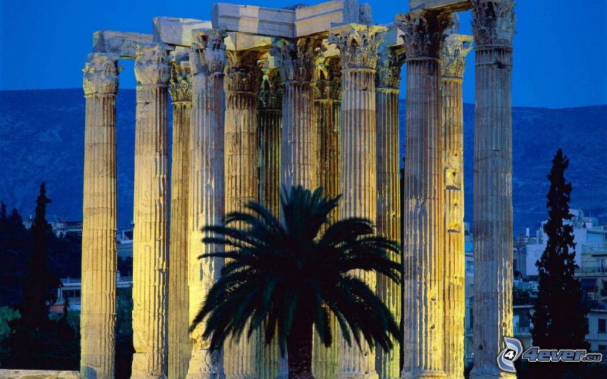 pillars, palm tree, Greece