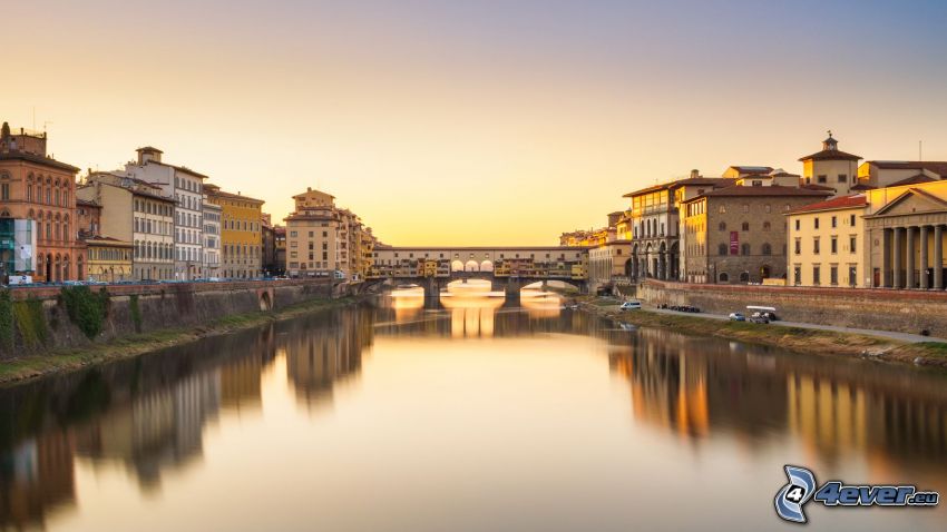 Ponte Vecchio, Florence, Italy, historic bridge, calm water level