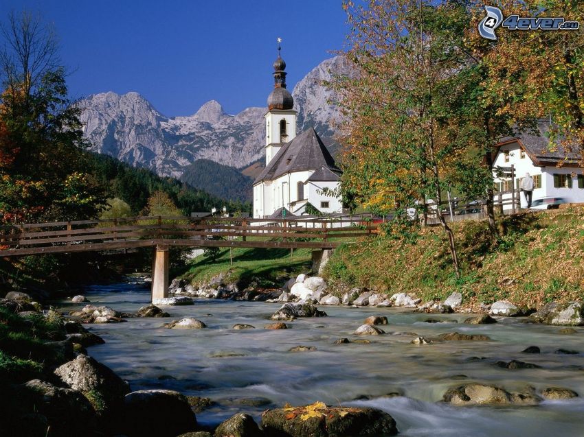Ramsau, Germany, church, stream, pedestrian bridge, village, landscape, mountains