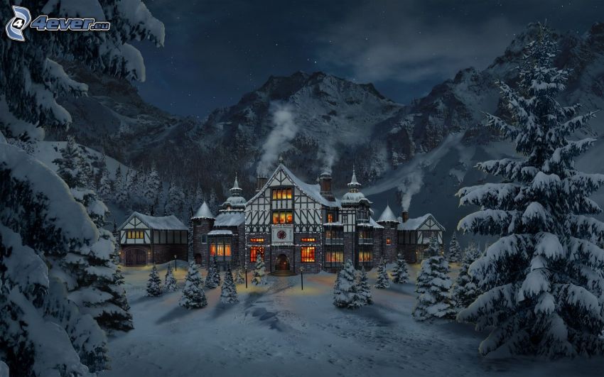 Santa's workshop, North Pole, mountains, fairy tale