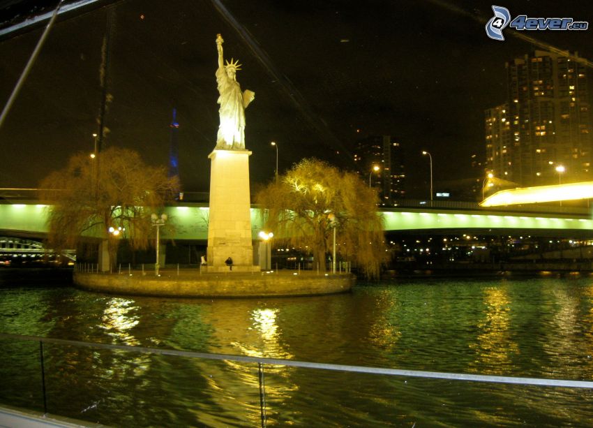 Statue of Liberty, Paris, France, night, lighting, Seine
