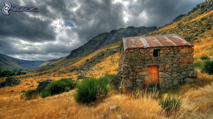 house, rocky mountains, dark clouds, HDR