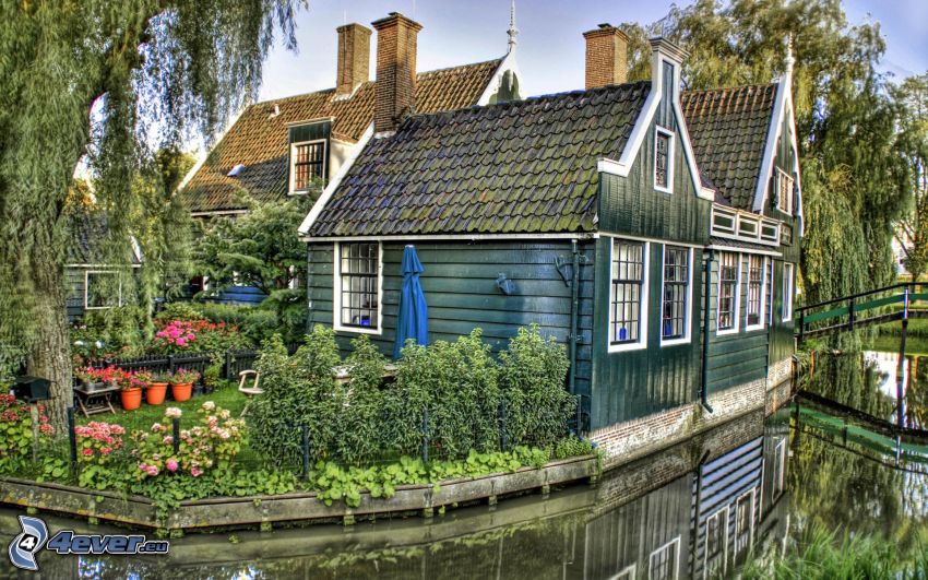 house on water, garden, HDR