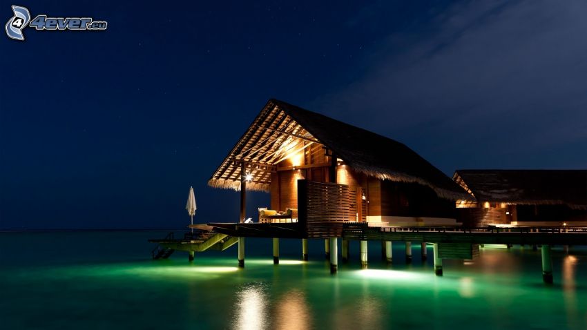 house on water, sea, lighting