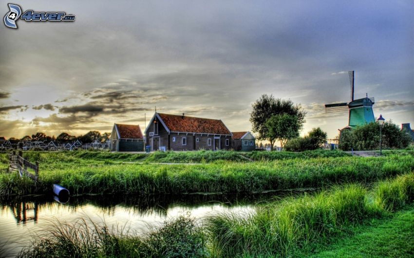 houses, windmill, stream, grass, sky, HDR