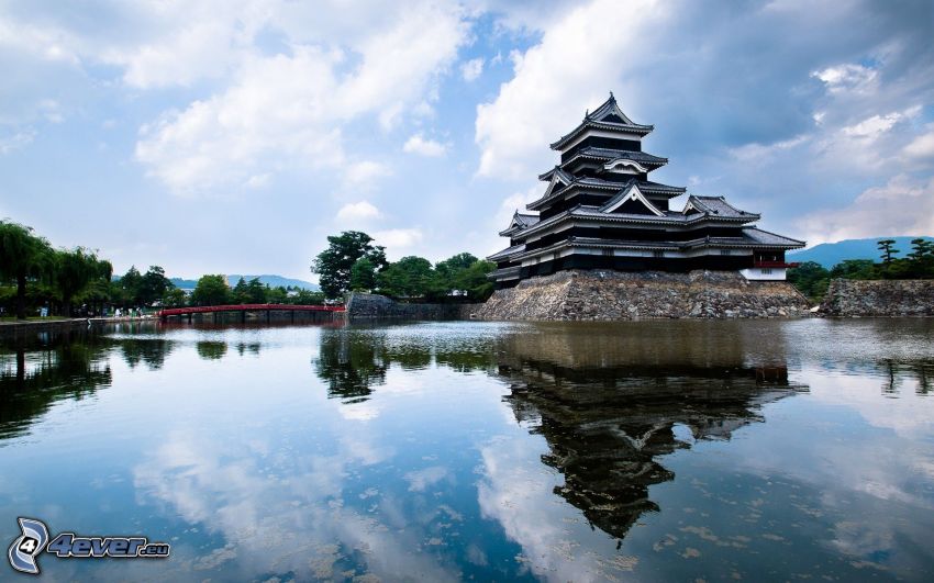 Japanese House, lake, reflection