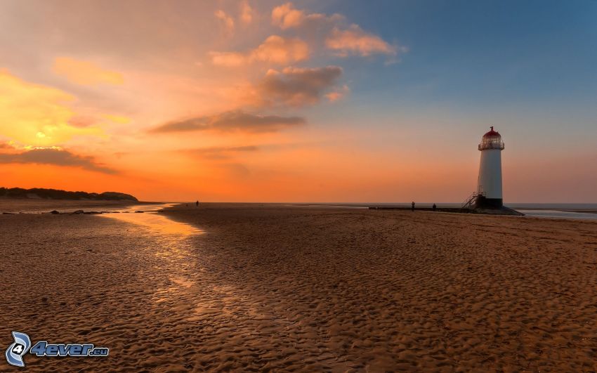 lighthouse, beach, evening sky